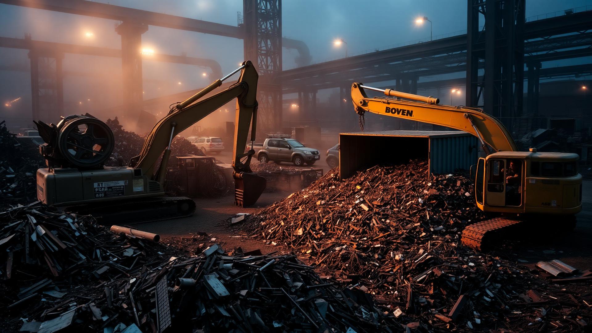 Excavator sorting scrap metal at the recycling yard